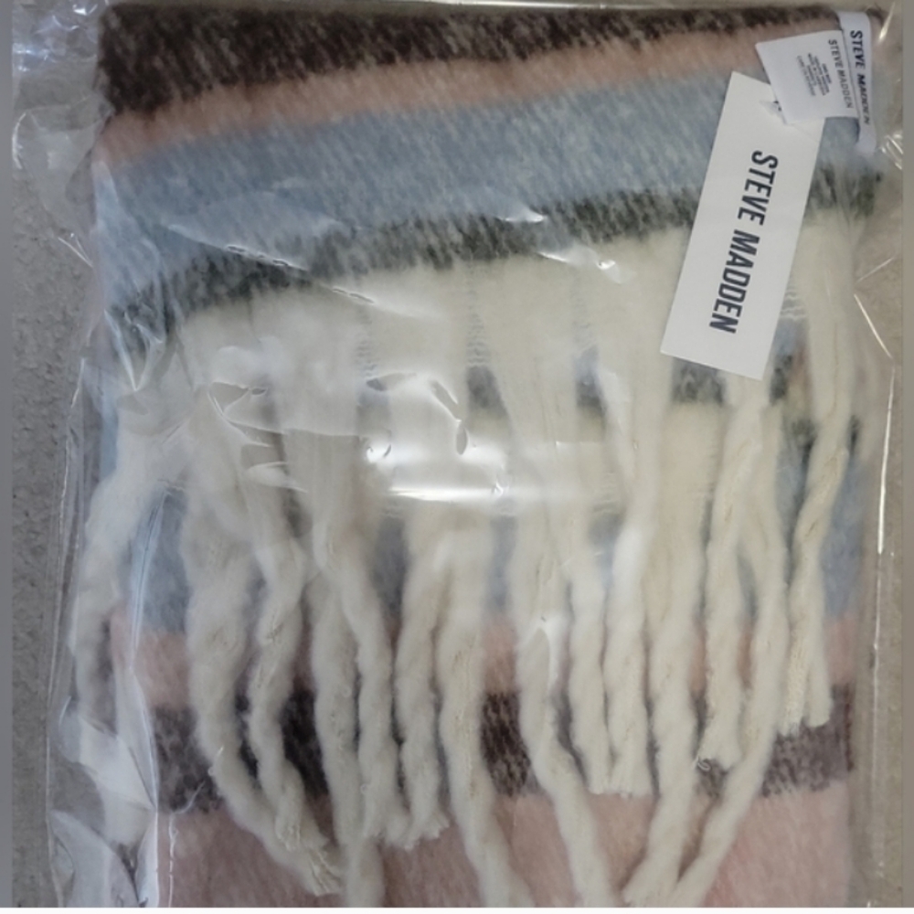 Steve Madden- Striped Fringe Scarf-(Tawny Peach-Multi 🩵🧡) - Picture 3 of 3